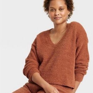 Stars Above Sienna Brown Rust V-Neck Pullover Super Soft Lounge Sweater Top NWOT
